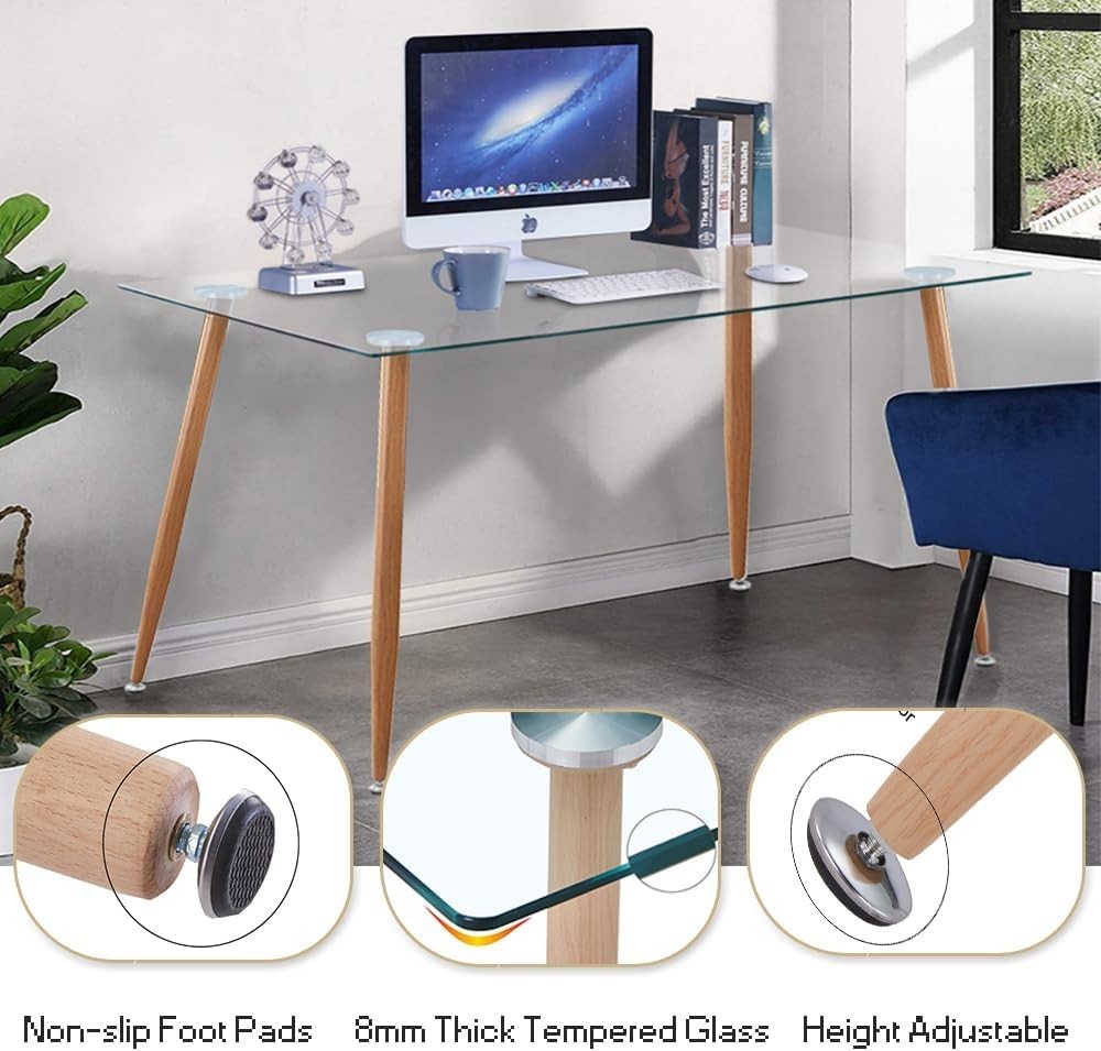 Modern Rectangular Glass Dining Table with Wood Style Legs 4 6 Seater 120cm