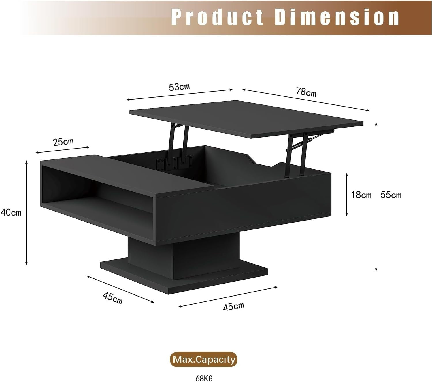 Lift Top LED Coffee Table with Storage 78x78cm – Black Modern Living Room
