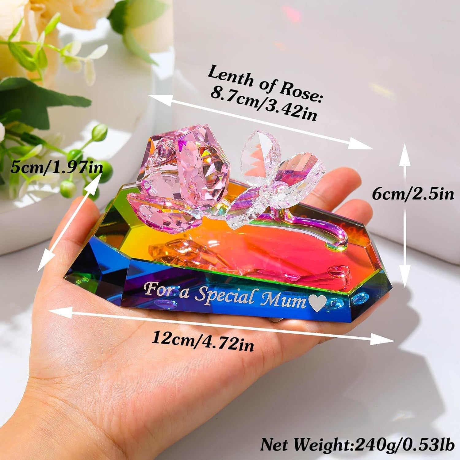 Crystal Rose Ornament Gift For Mum – Multicolour Glass Flower Keepsake