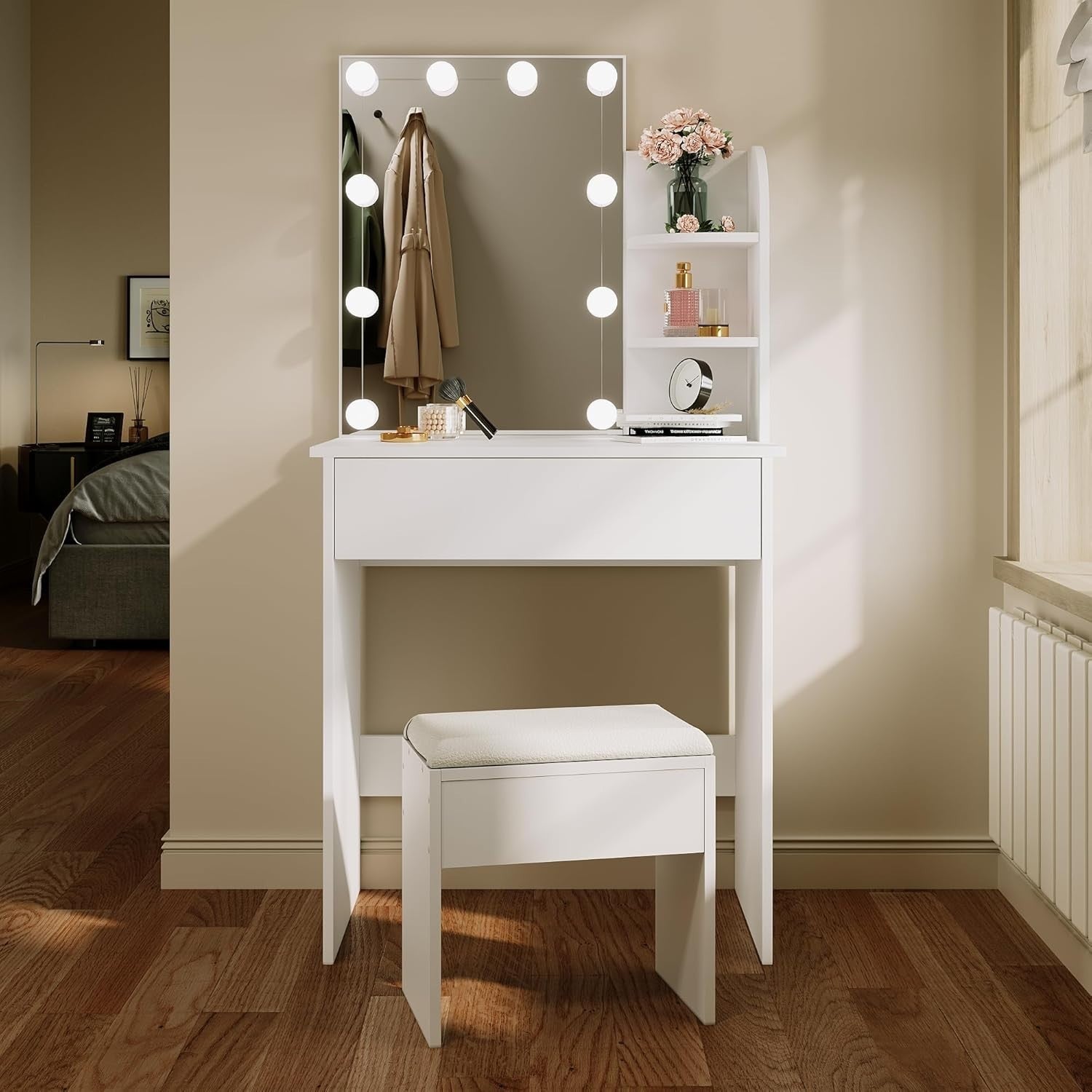 Hollywood LED Vanity Dressing Table Makeup Desk Mirror Stool Drawer Shelves Set