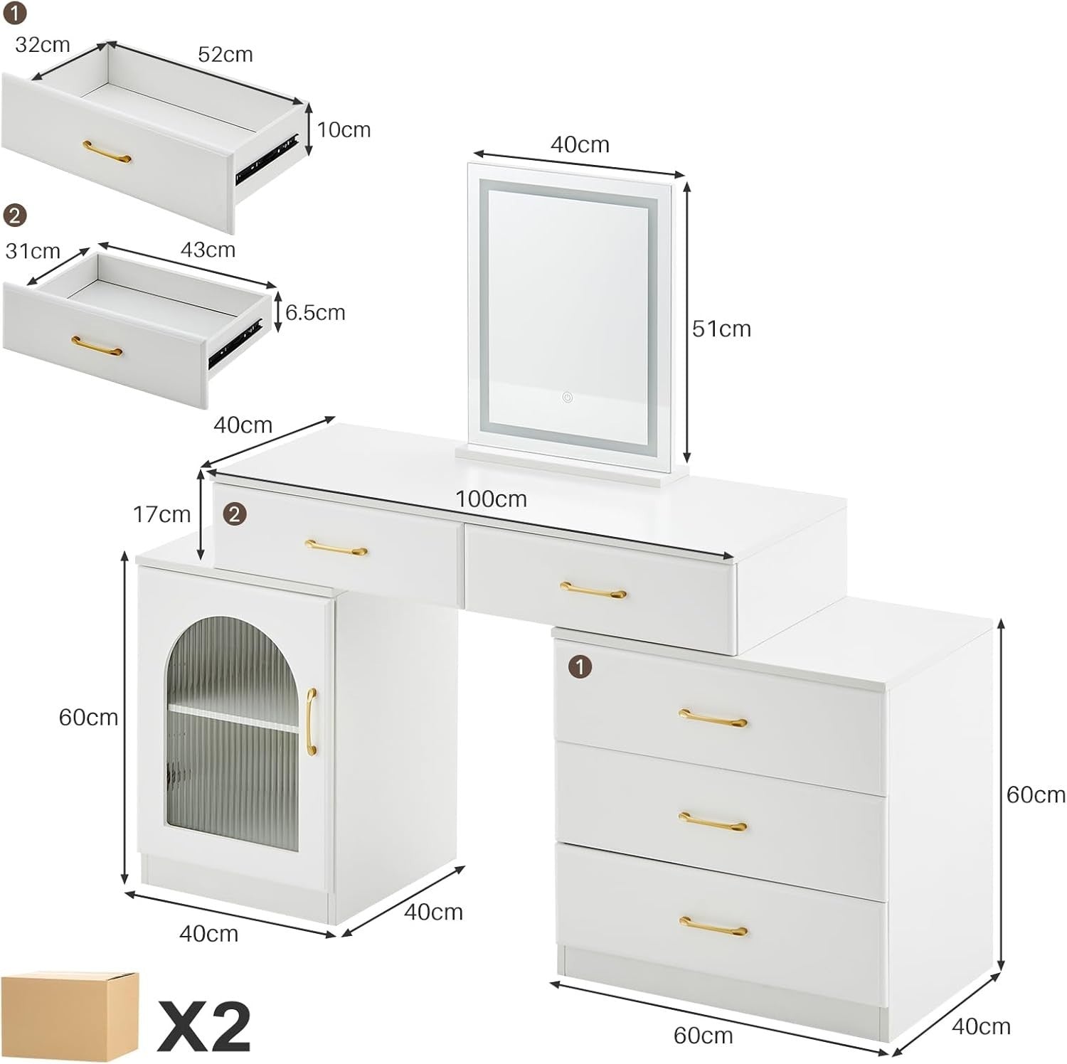 Modern LED Vanity Dressing Table Desk Makeup Dresser 5 Drawer Cabinet Storage