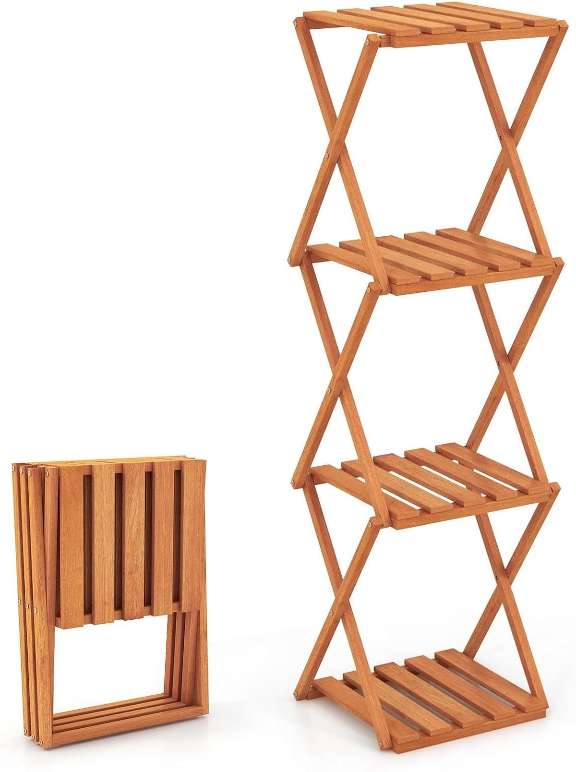 4-Tier Folding Plant Stand Tall Wooden Indoor Outdoor Corner Shelf Rack