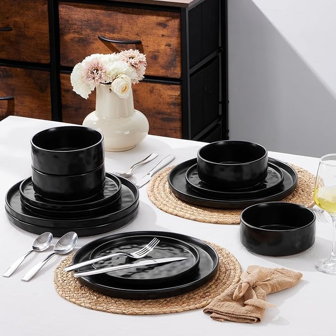 12 Piece Matte Black Stoneware Dinner Set for 4 Reactive Glaze Plates Bowls