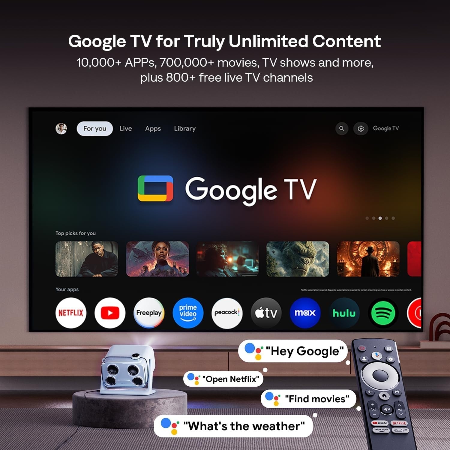 1080P Smart Projector Google TV 500 ANSI Dolby 20W WiFi Bluetooth