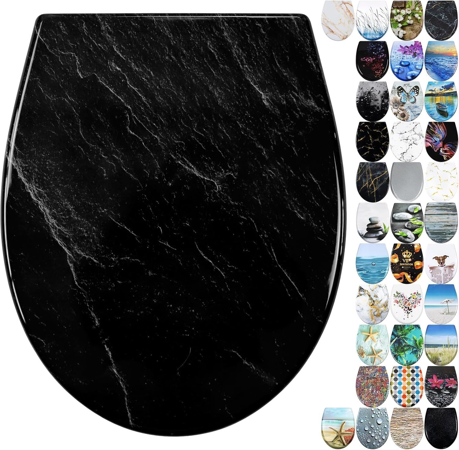 Black Marble Toilet Seat Soft Close Duroplast Quick Release Top Fix 45x37cm