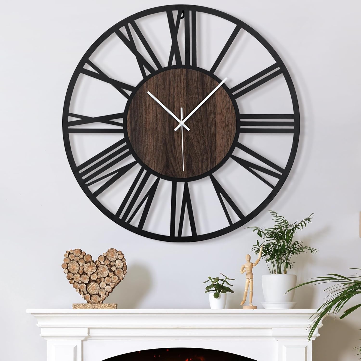 Large 50cm Silent Wall Clock Rustic Metal Wood Roman Numeral Home Decor