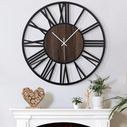 Large 50cm Silent Wall Clock Rustic Metal Wood Roman Numeral Home Decor