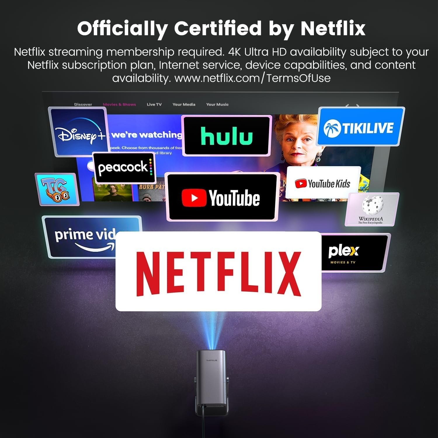 1080P Netflix Smart Mini Projector 1000 ANSI WiFi 6 Bluetooth 360°
