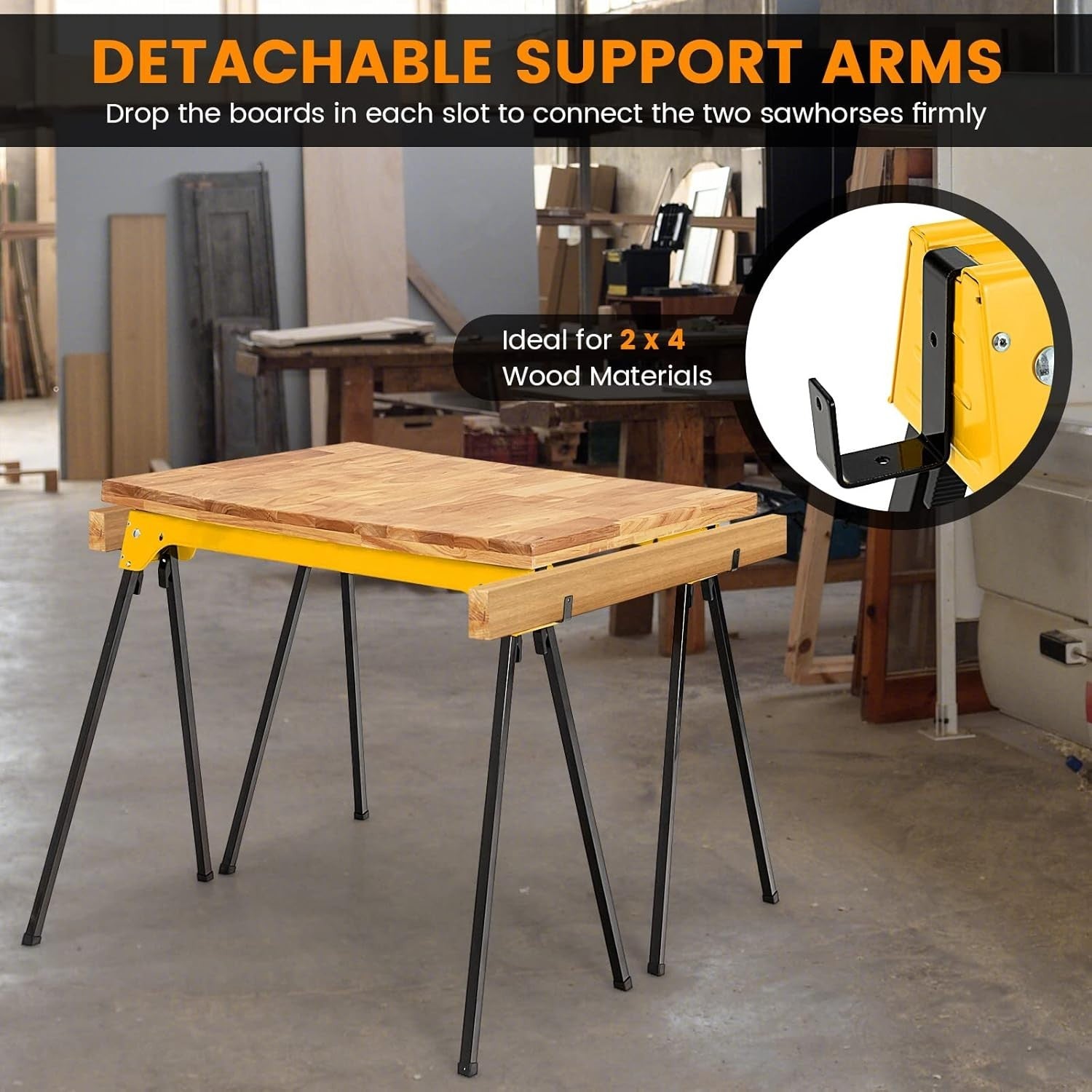 Folding Sawhorse Twin Pack Heavy Duty 454kg 2x4 Support Arms Yellow 92x48