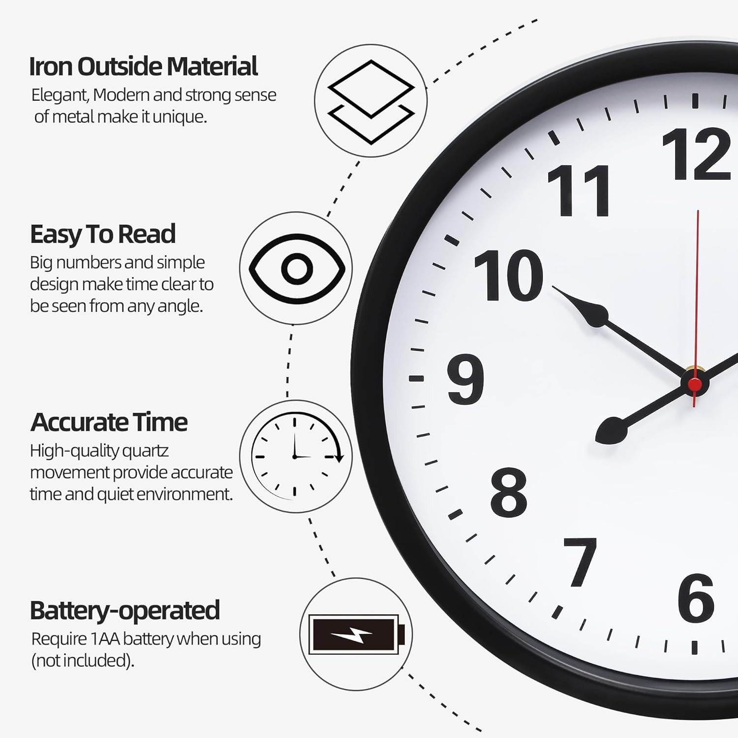 Large Silent Wall Clock 35cm Modern Black Metal Non-Ticking Quartz Home Decor