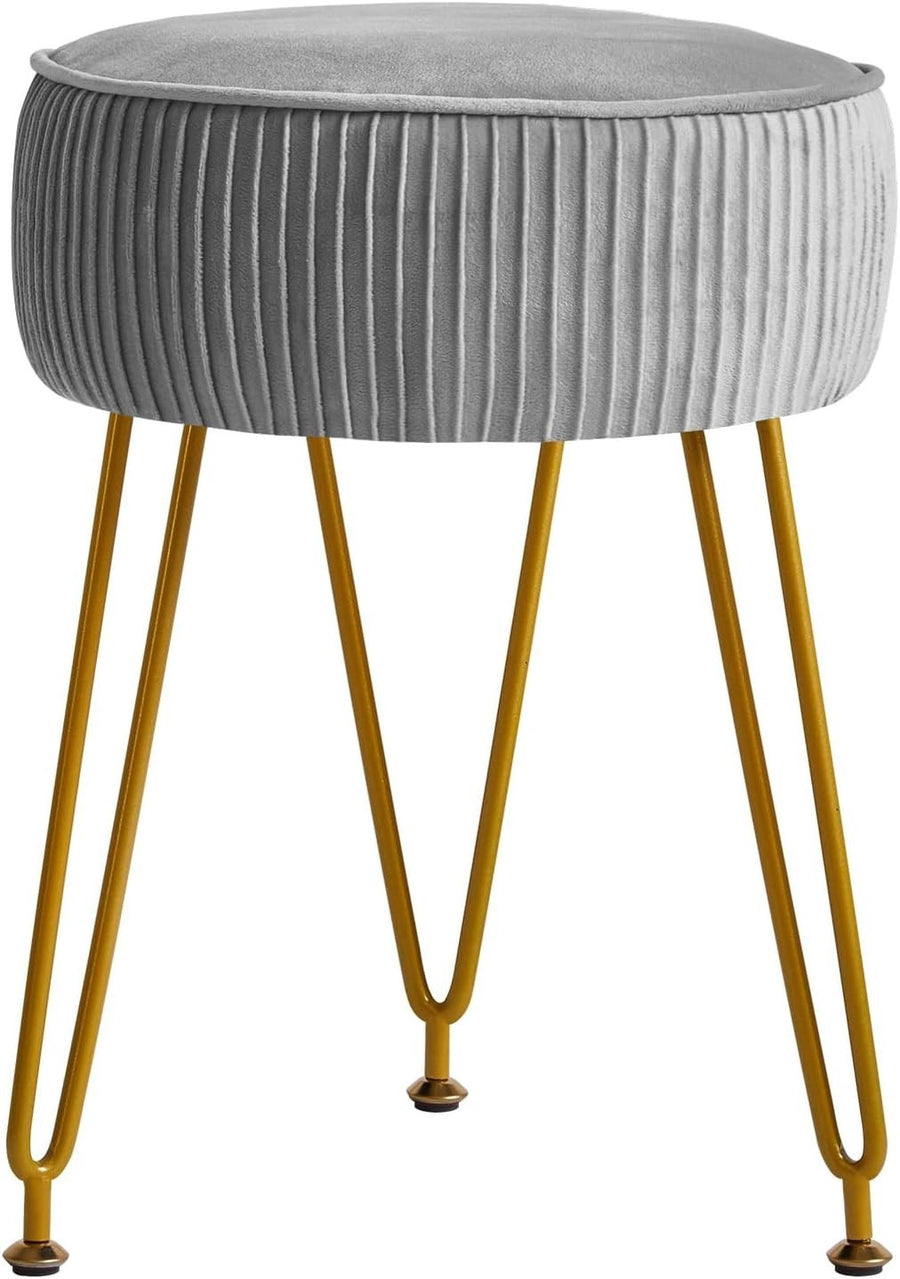 Gray Round Velvet Footrest Ottoman – Makeup Vanity Stool with Gold Legs
