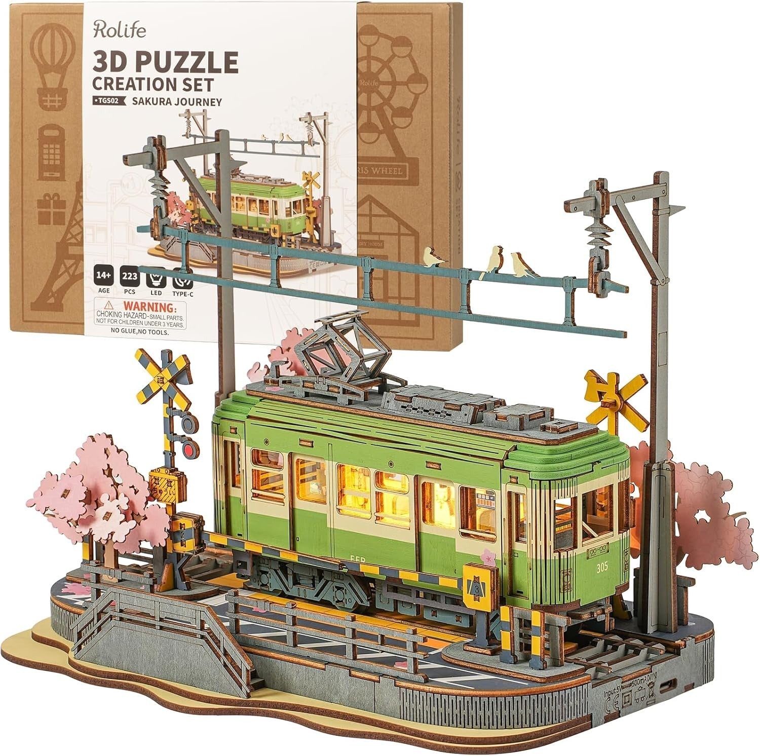 3D Wooden Sakura Puzzle with LED Lights - Romantic Model Kit Decor