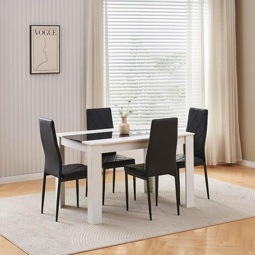 White 4-Seater Dining Table Set with Black Leather Chairs | Space-Saving