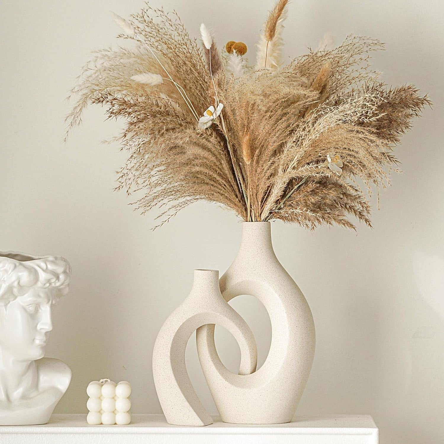 Beige Ceramic Vase Set of 2 Nordic Boho Pampas Grass Table Decor