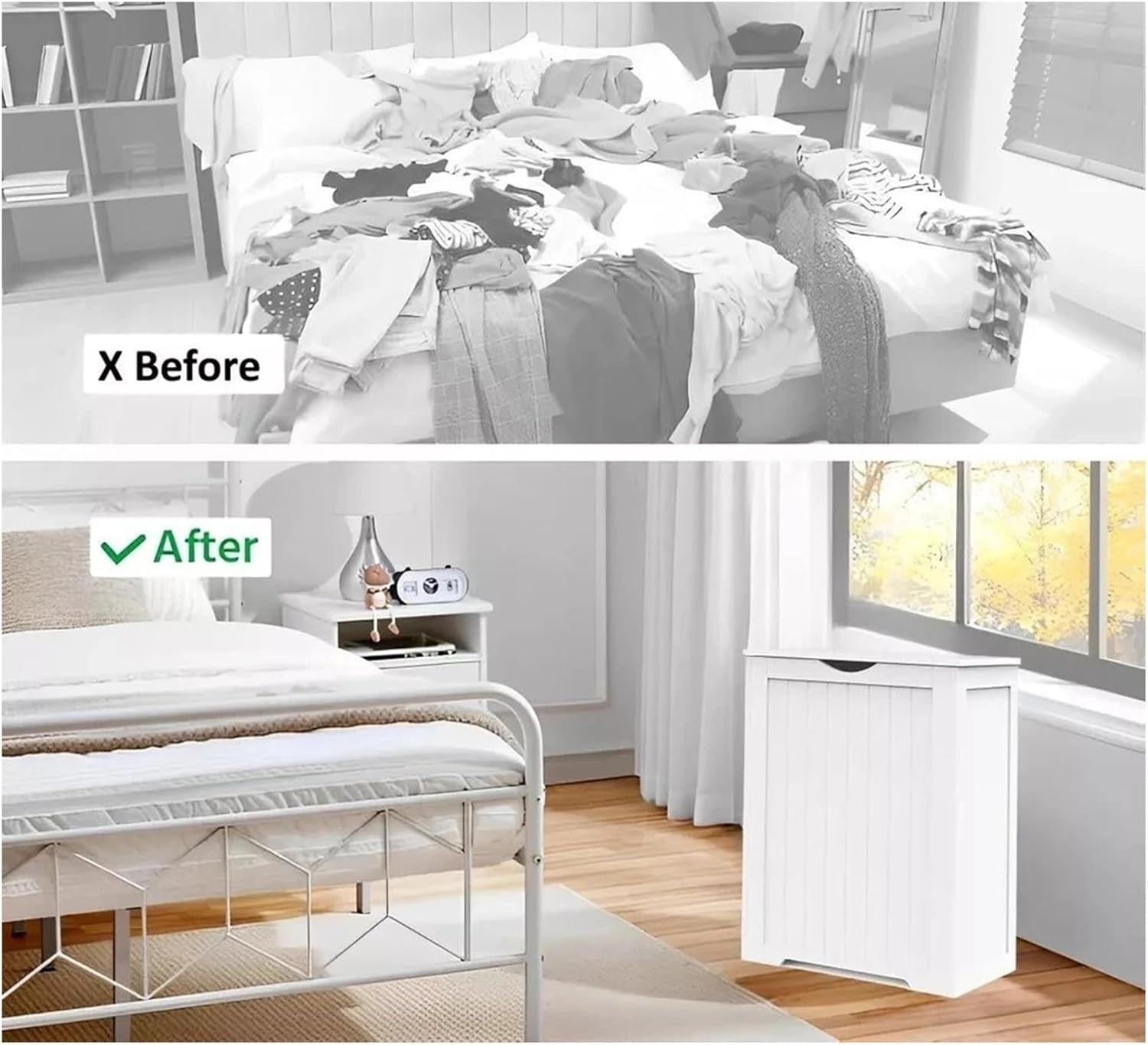Laundry Hamper Cabinet Wooden Storage Chest with Lid White Bathroom Unit