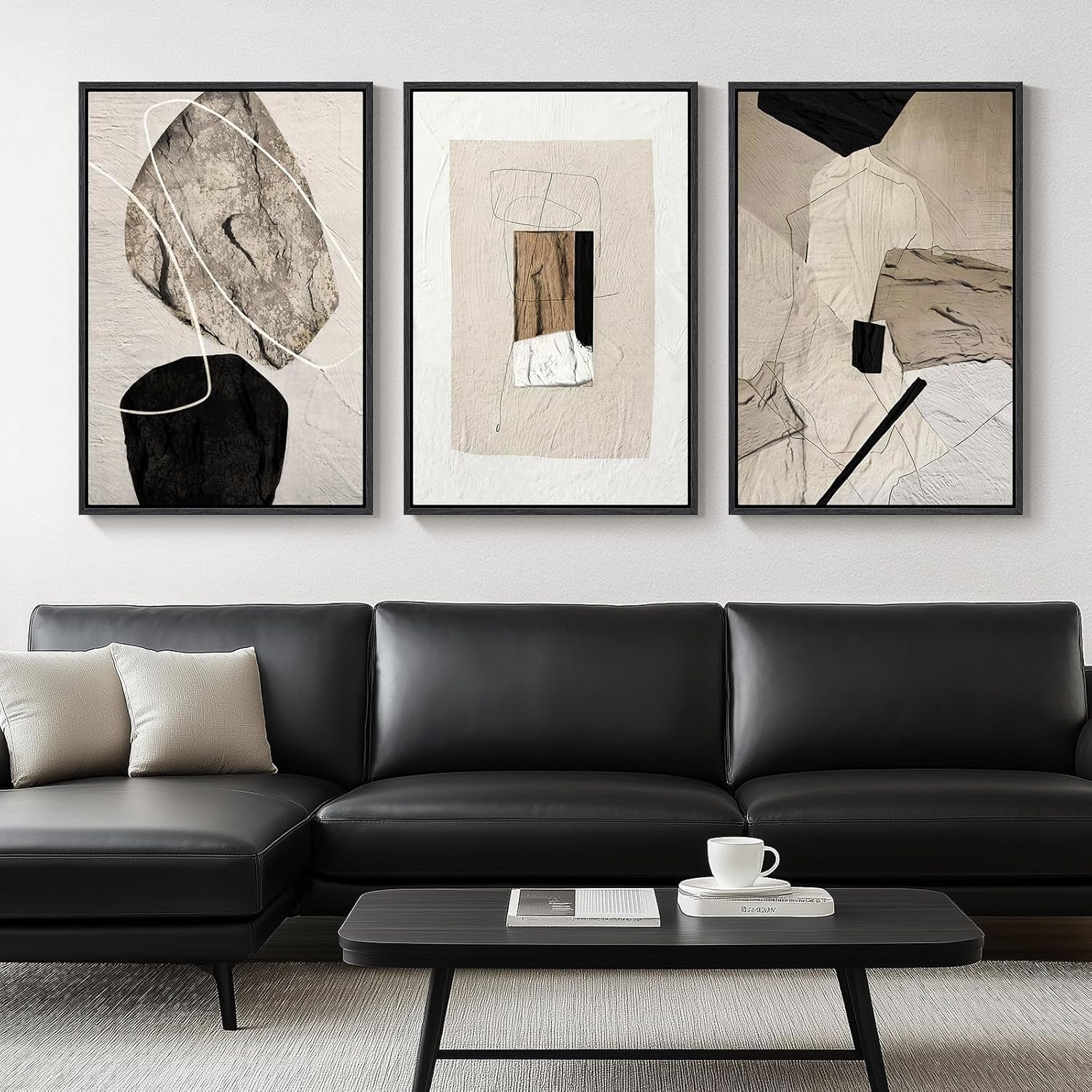 Large Neutral Abstract Wall Art Set 3 Framed 24x36 Black Beige