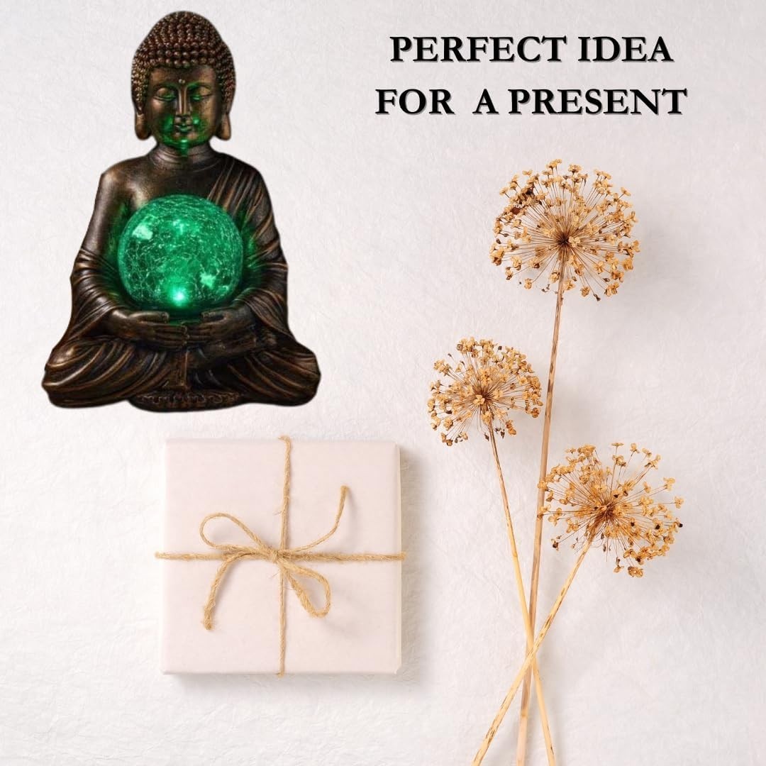 Solar Buddha Garden Statue with LED Crackle Ball Outdoor Zen Patio Ornament