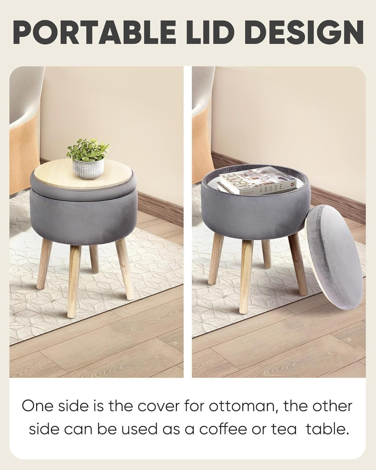Grey Velvet Storage Ottoman Stool Round Footrest Coffee-Table Top Seat