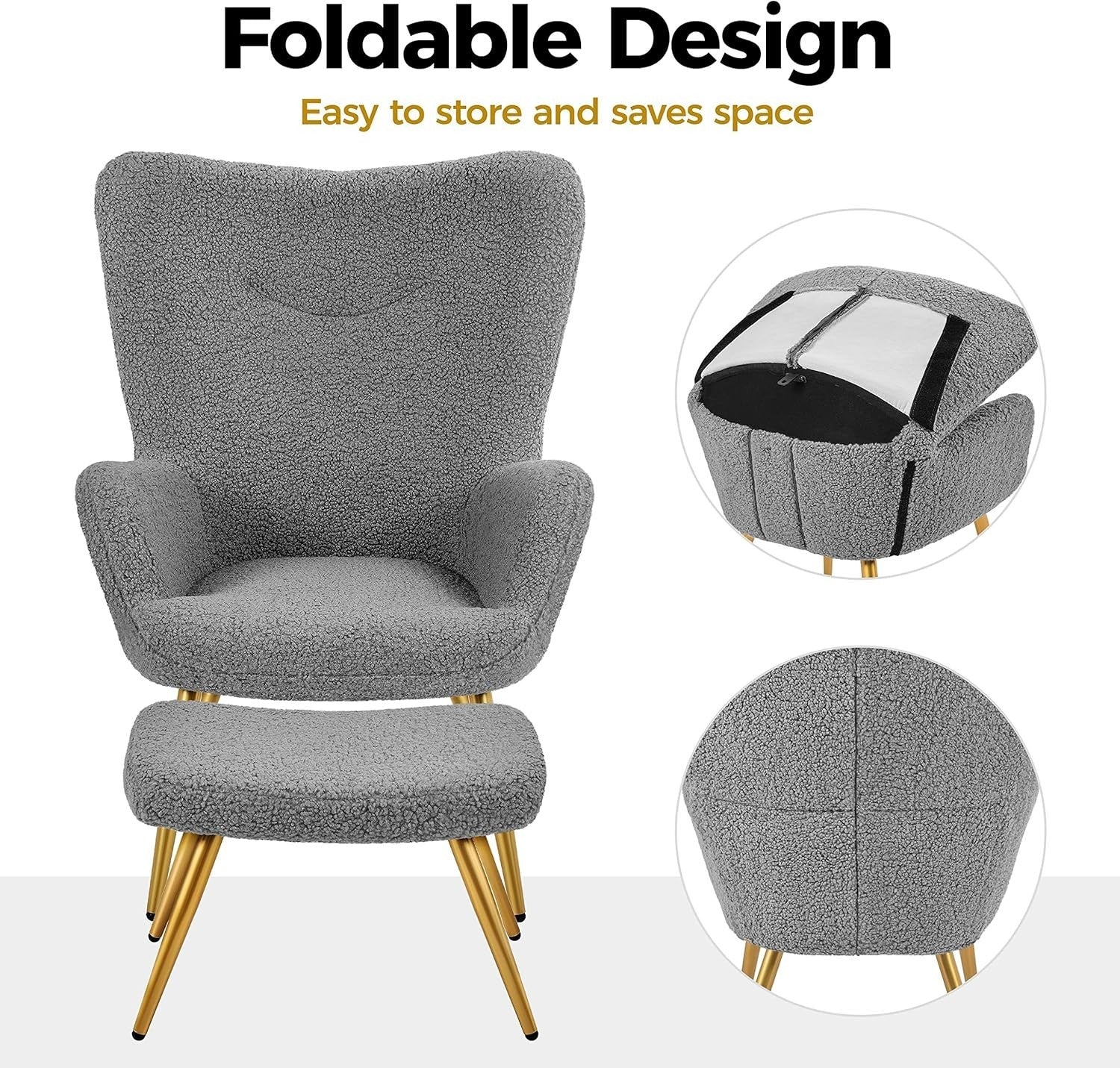 Grey Fuzzy Tub Chair with Ottoman | High Back Lounge Armchair for Living Room