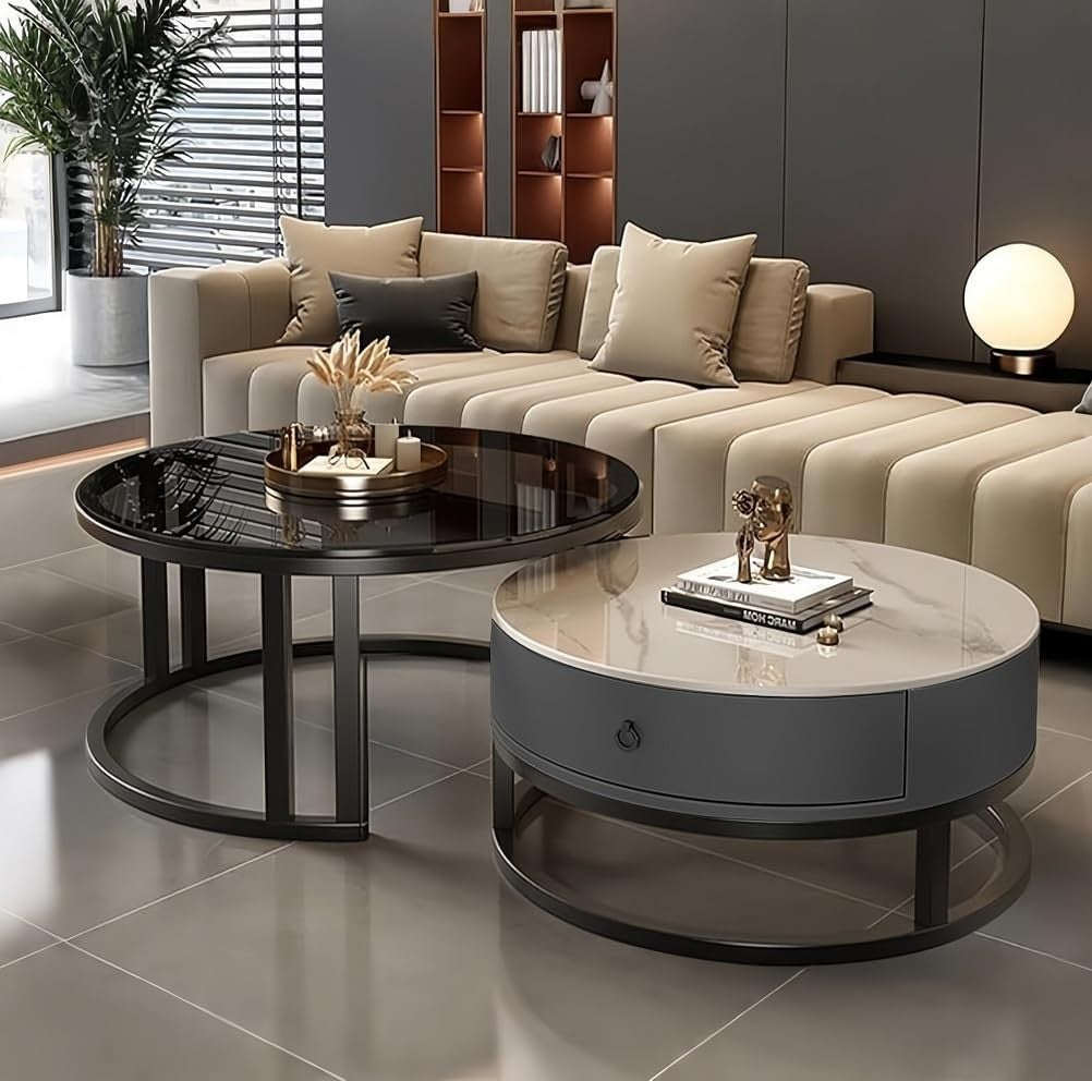 Nesting Coffee Table Set of 2 – Round Storage Tables with Metal Frame