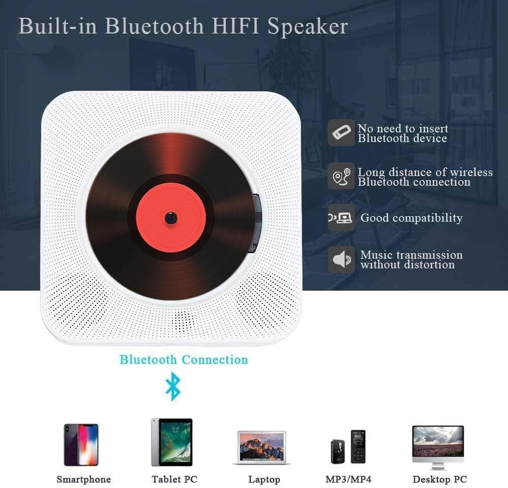 Bluetooth CD Player Wall Mounted HiFi Speakers FM Radio Remote White