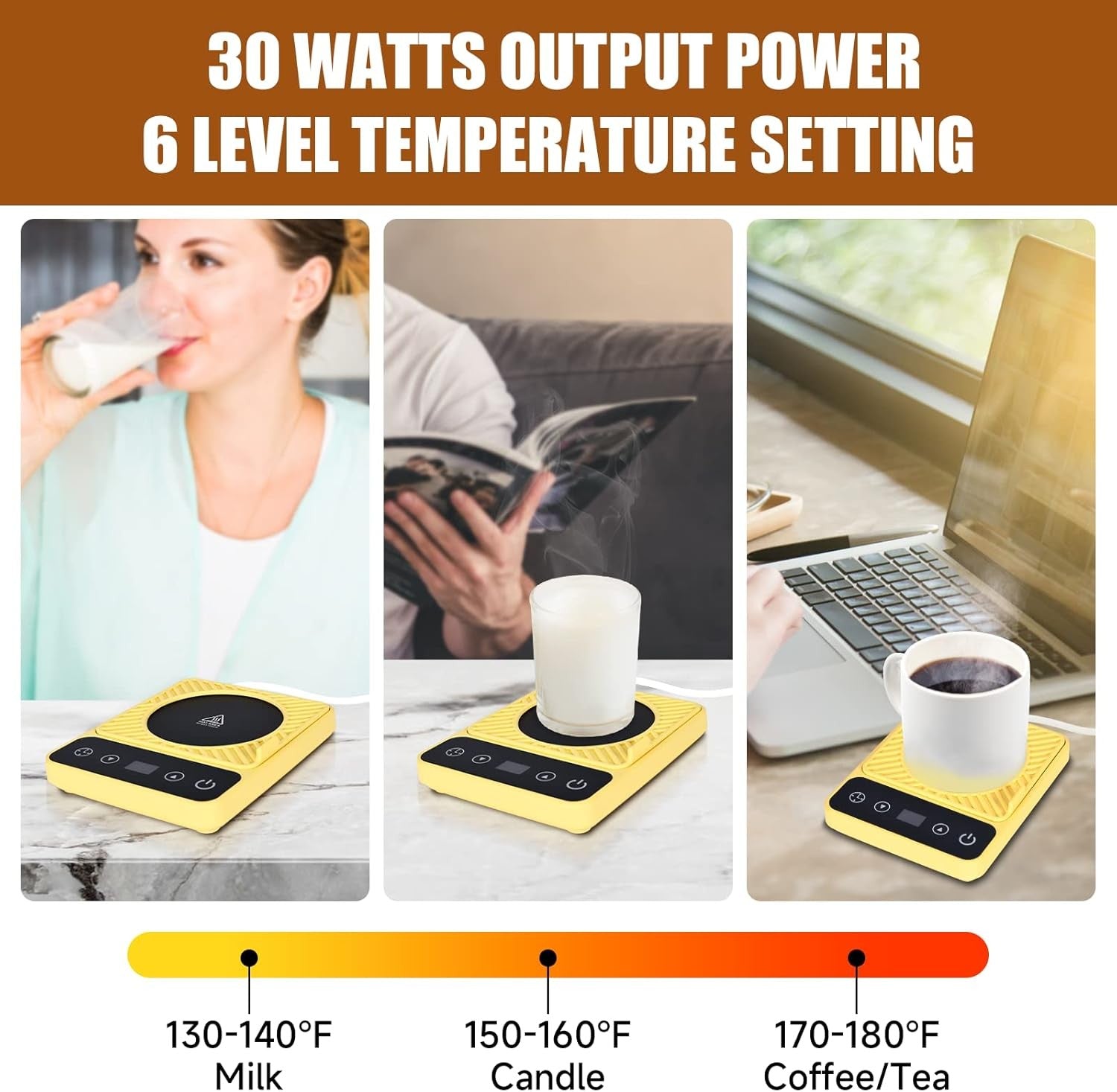 Yellow Electric Coffee Mug Warmer 6 Temp Timer Auto Off