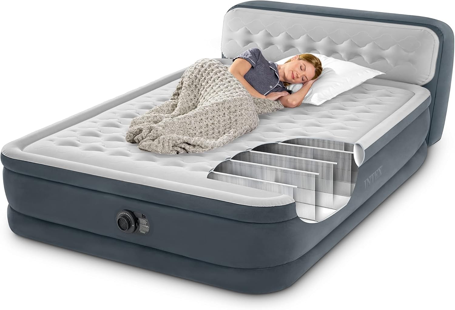 Queen Inflatable Air Bed w/ Headboard Built-In Pump Durable PVC