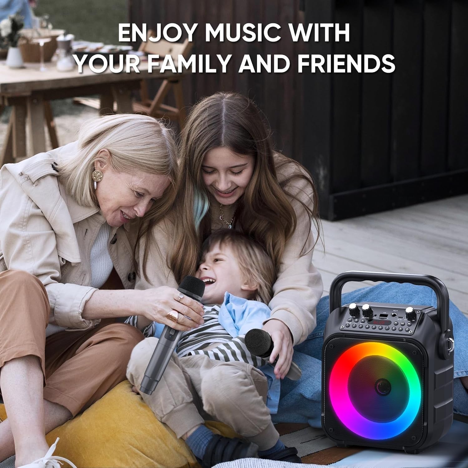 Karaoke Machine with 2 Wireless Mics Bluetooth Speaker LED 15W
