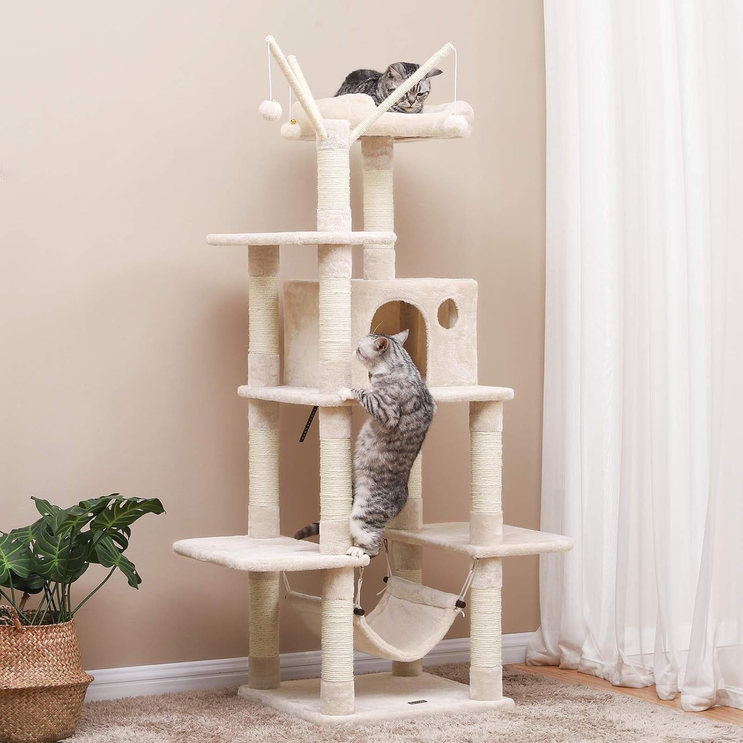 Large Cat Tree Tower with Hammock Condo Scratching Posts 154cm Beige