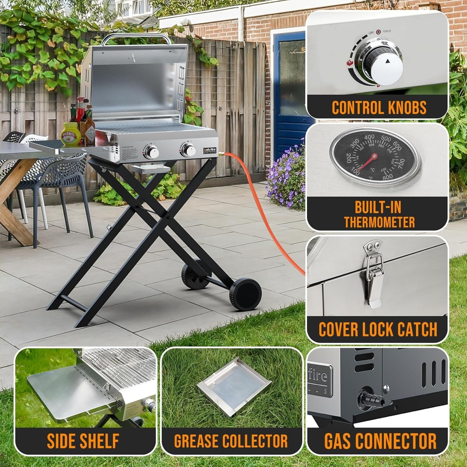 2 Burner Portable Gas BBQ Grill with Folding Trolley, Lid & Thermometer Outdoor