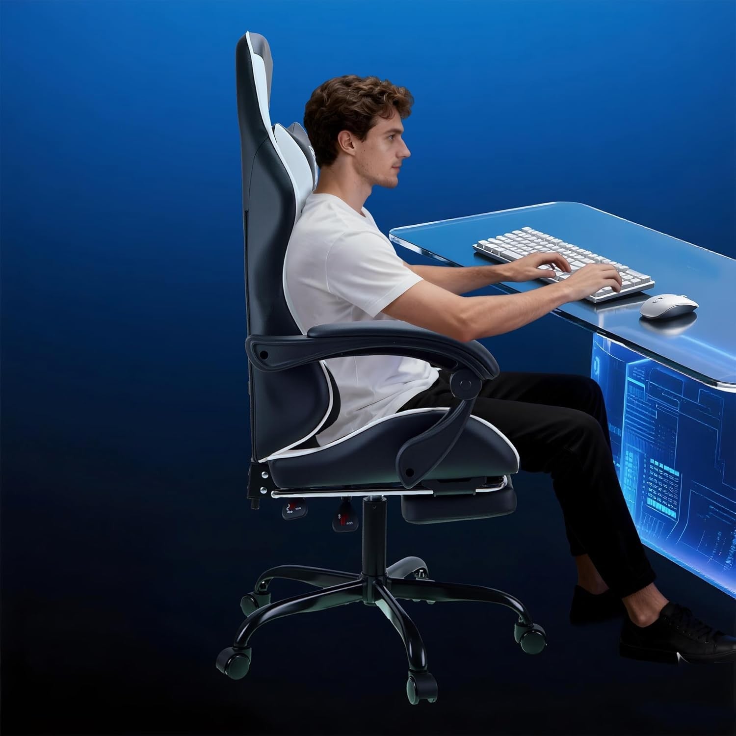 Ergonomic Gaming Chair with Footrest & Lumbar Support – White PC Seat