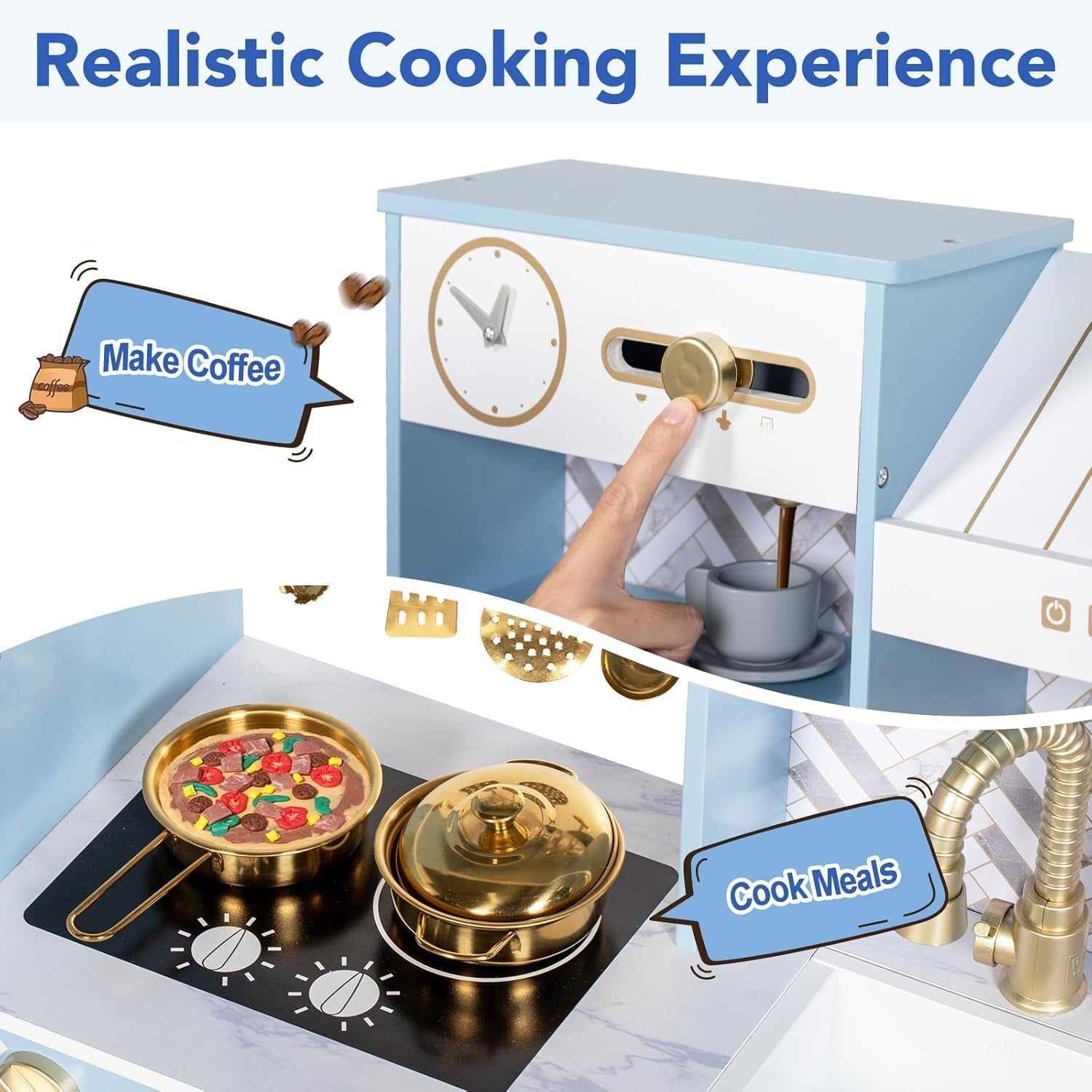 Wooden Kids Play Kitchen Blue Ice Maker Coffee Machine Toy Set