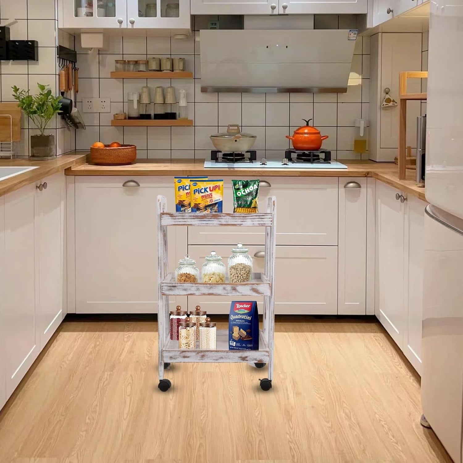 3 Tier Wooden Rolling Cart Storage Trolley Kitchen Bathroom Utility Wheels