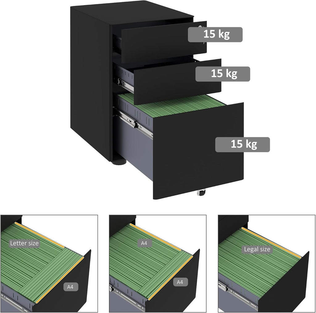 Black 3 Drawer Mobile Filing Cabinet Lockable Steel A4 Letter Office Storage