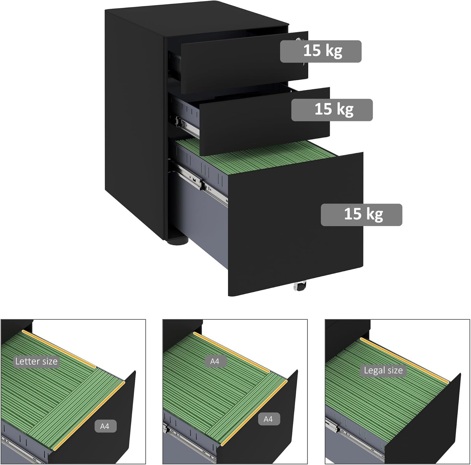 Black 3 Drawer Mobile Filing Cabinet Lockable Steel A4 Letter Office Storage
