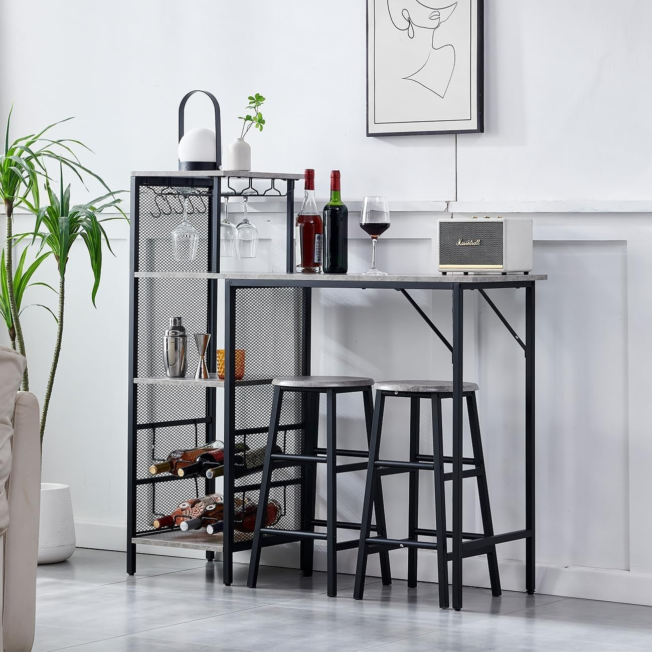 Grey Marble Bar Table Set with 2 Stools Space-Saving Metal Frame Dining Set