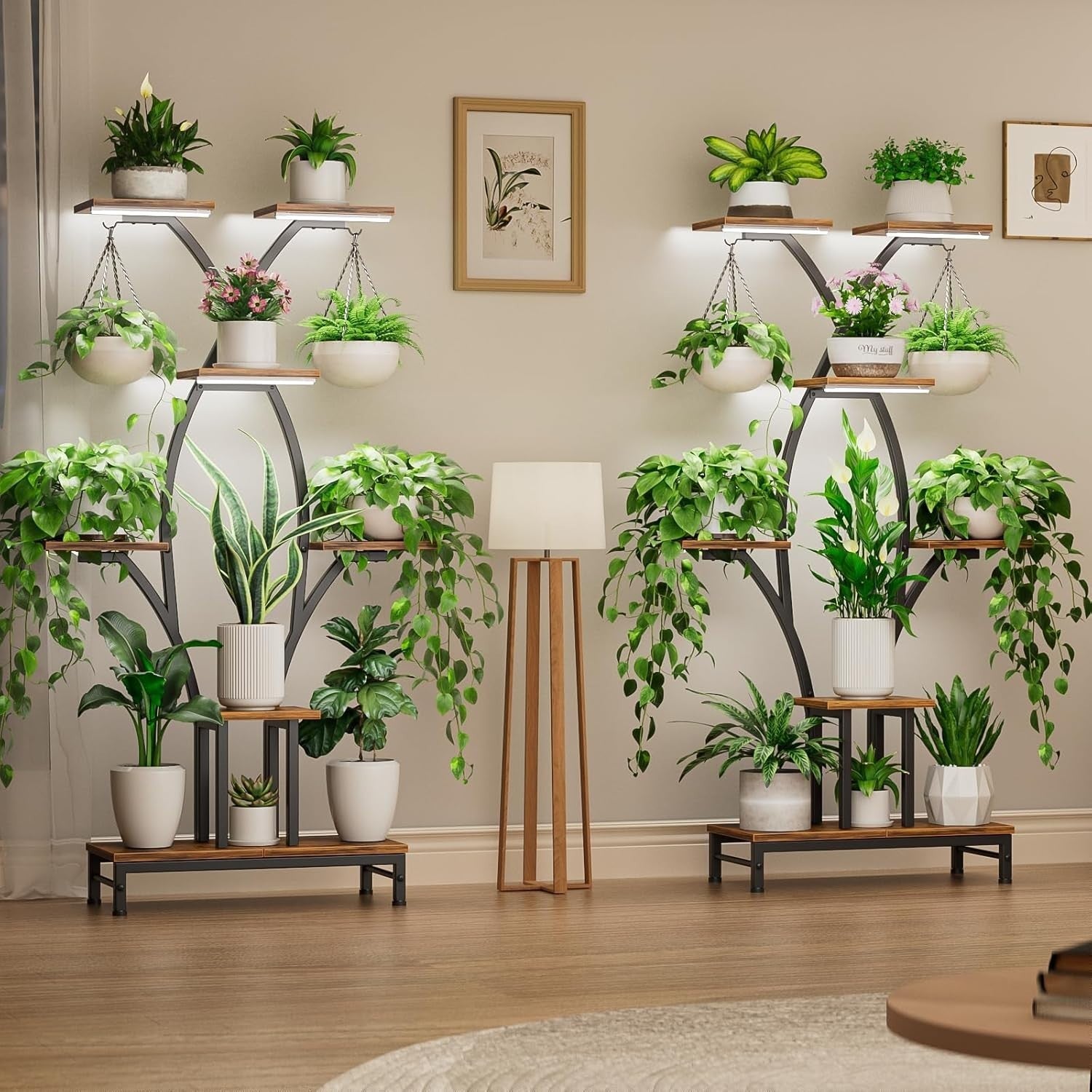 Tall Plant Stand with Grow Lights, Metal Flower Shelf for Home & Patio
