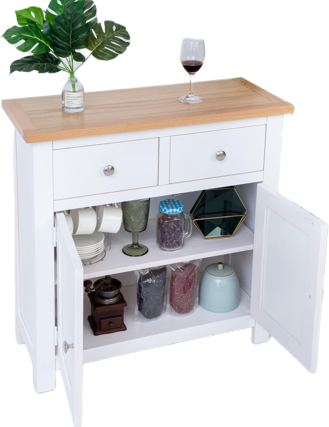Small Solid  White Oak Sideboard Cabinet 2 Door 2 Drawer Hallway Storage Unit
