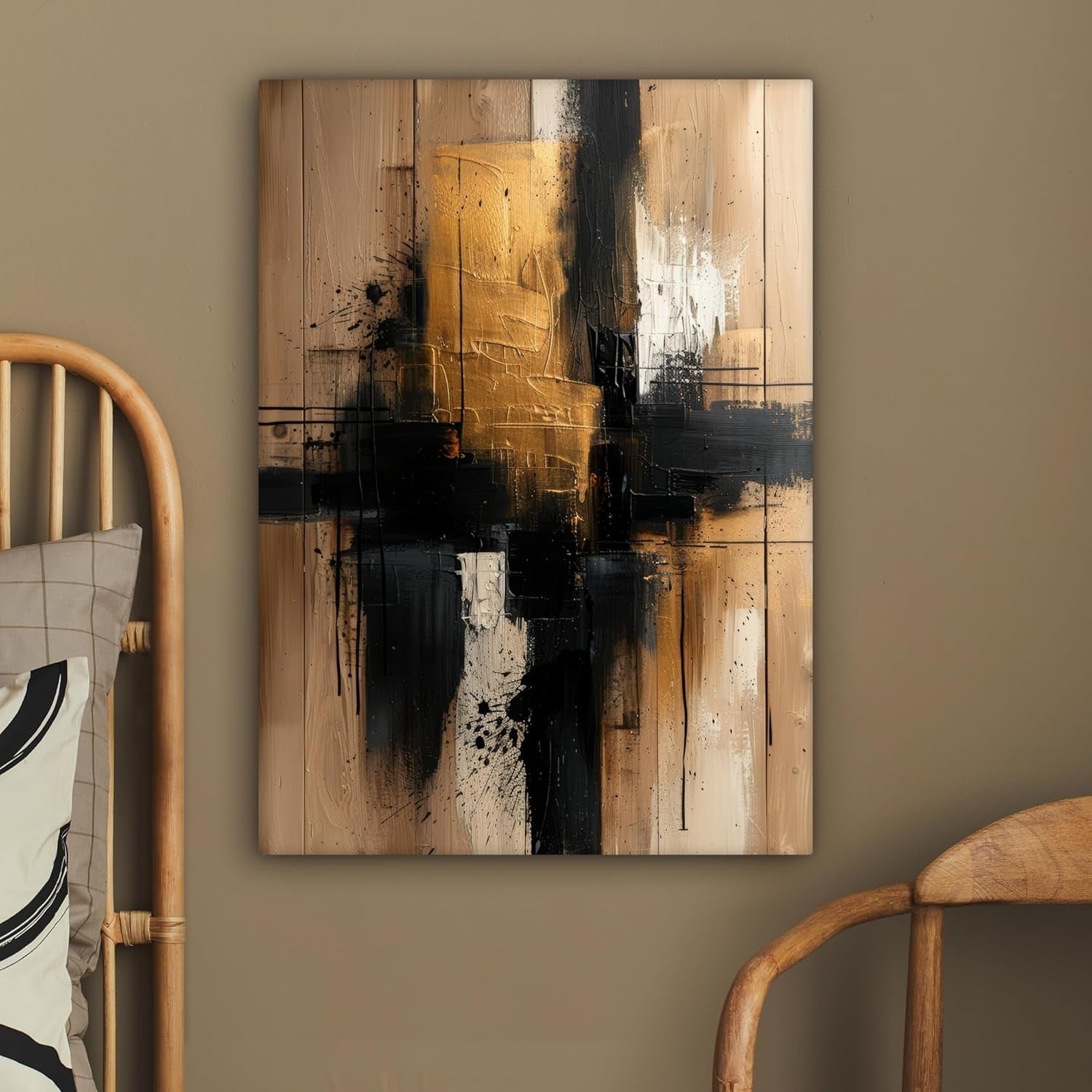 Gold Black Abstract Canvas Wall Art 50x70cm Framed Modern