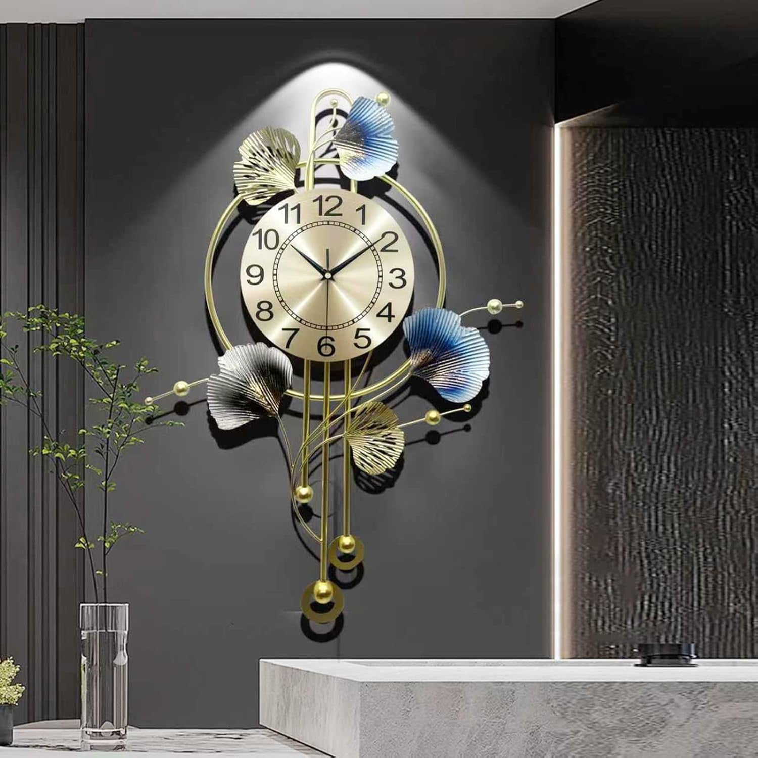 70×52cm Blue Ginkgo Leaf Wall Clock – Luxury Silent Metal Art Pendulum Home Deco