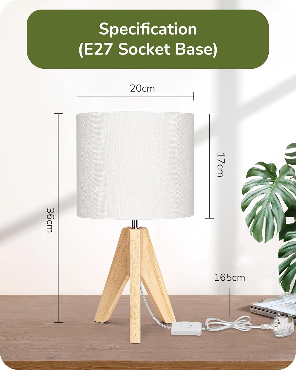 Wood Tripod Table Lamp Bedside Desk Light Linen Shade Reading Bedroom Office
