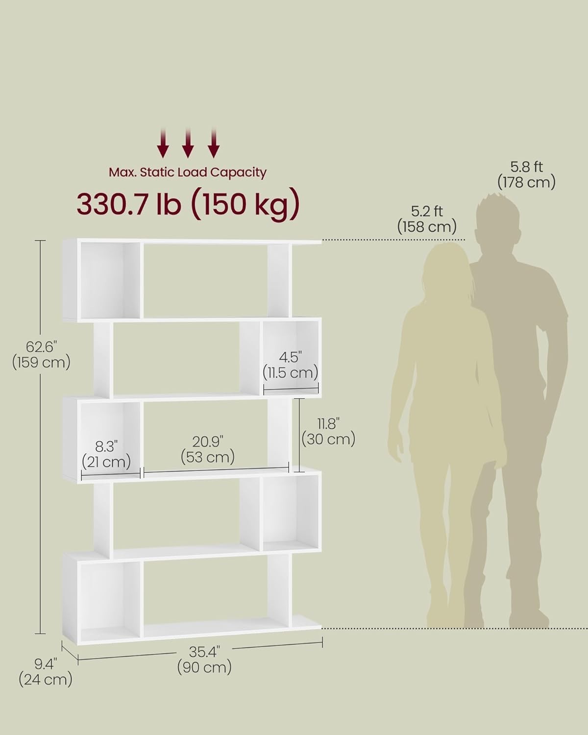 5 Tier S Shaped Bookcase  Matte White Bookshelf Storage Unit 90cm Wide