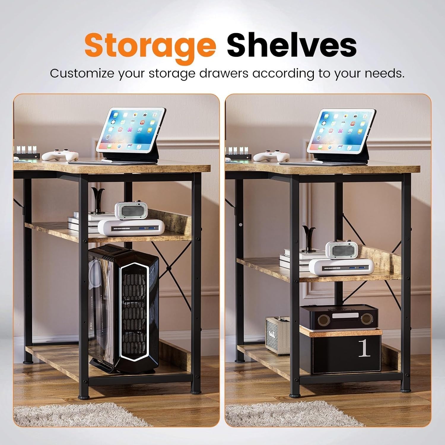 Brown L Shaped Desk with USB Ports 110x80cm Corner Workstation & Shelves