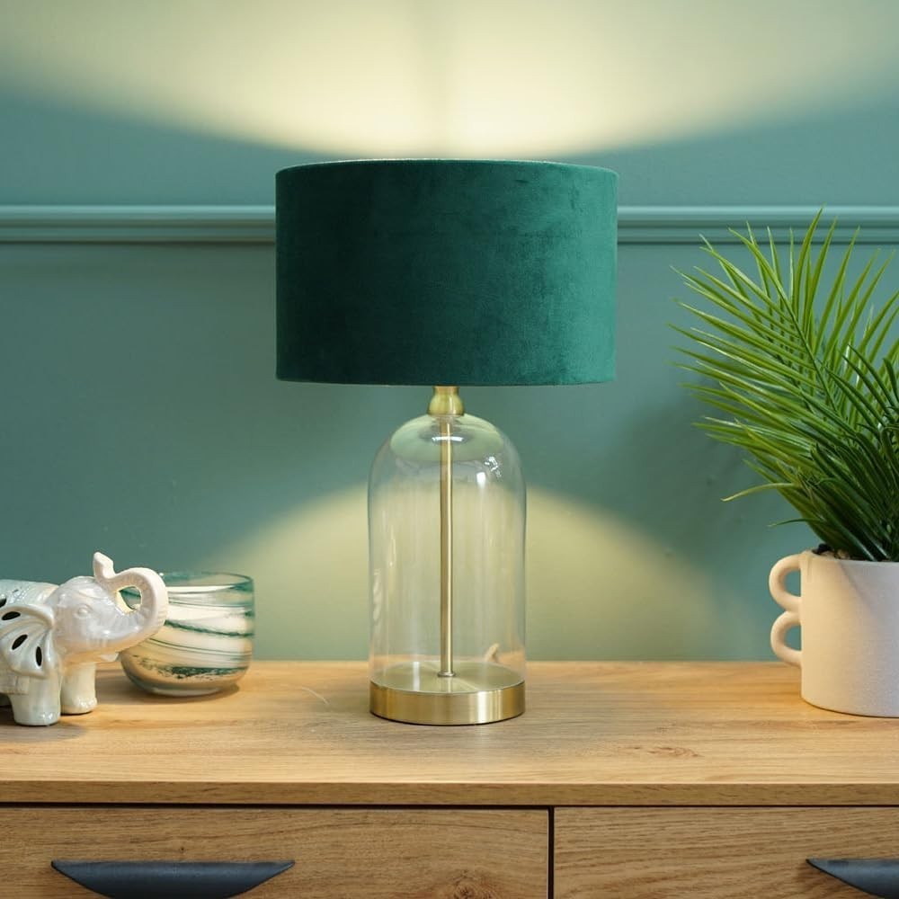 Gold Glass Table Lamp Forest Green Velvet Shade Bedside Desk Light