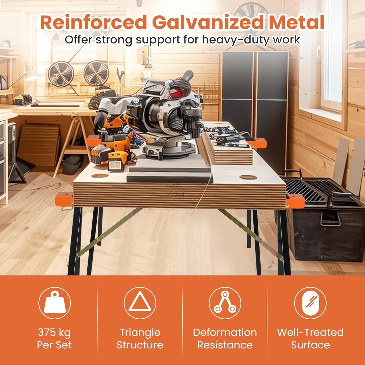 Folding Sawhorse Twin Pack Heavy Duty 375kg Non-Slip Metal Trestles Orange