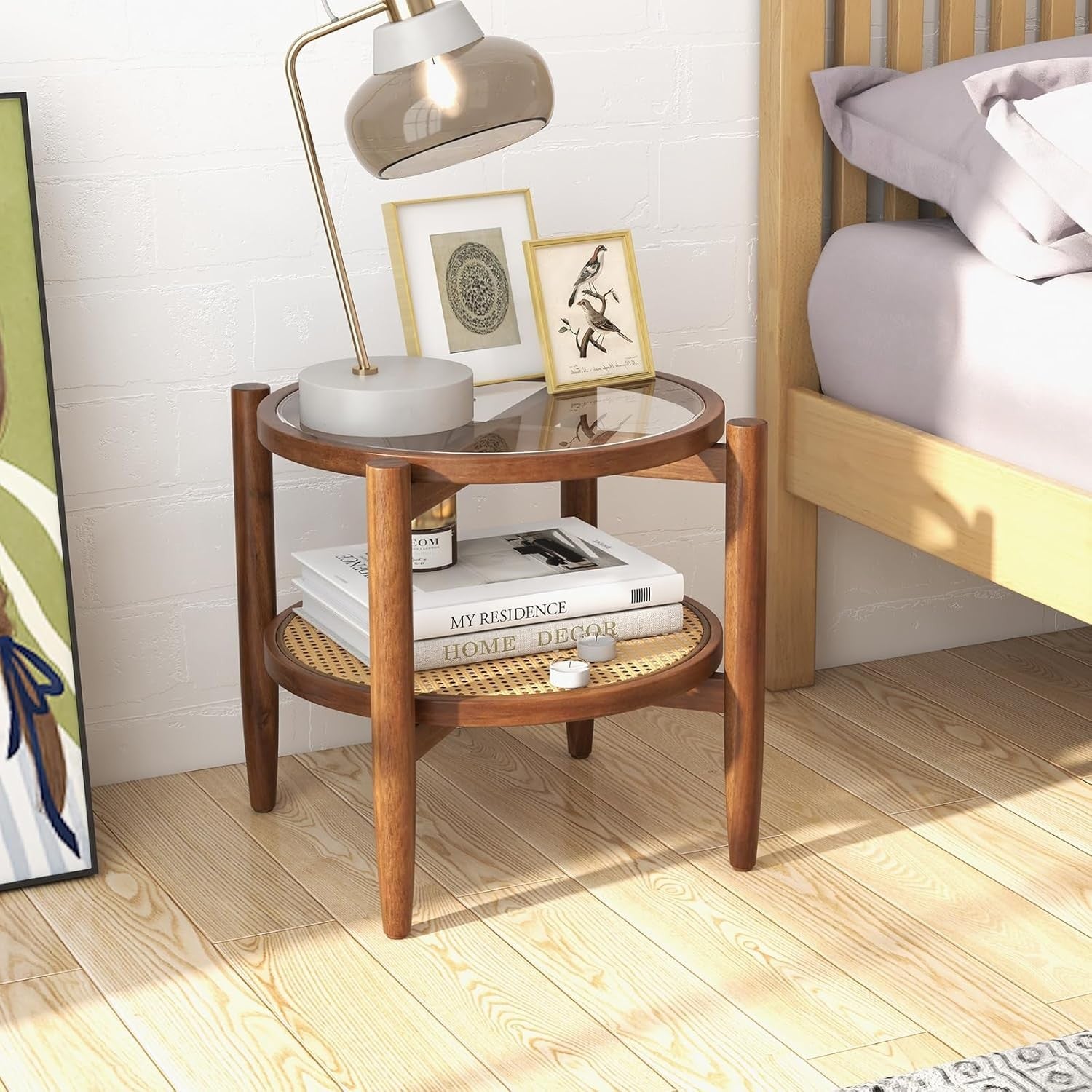 2-Tier Rattan Round Side Tables with Tempered Glass Top & Acacia Wood Legs (2PCS