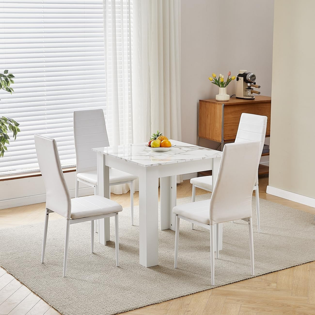 Modern 4-Piece White Marble Dining Set with 2 PU Chairs for Small Spaces