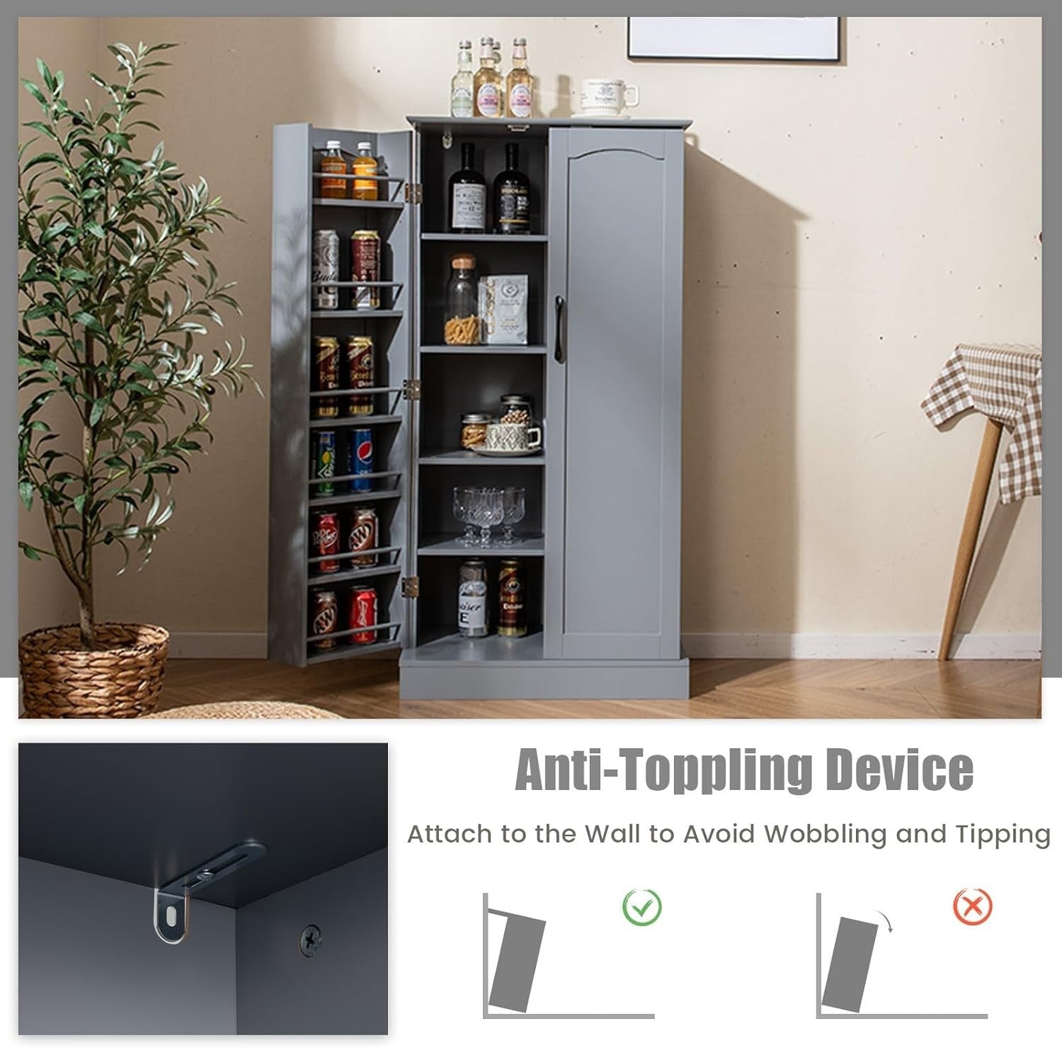 Grey 60x40x120cm Kitchen Cupboard Pantry Cabinet Adjustable Shelves