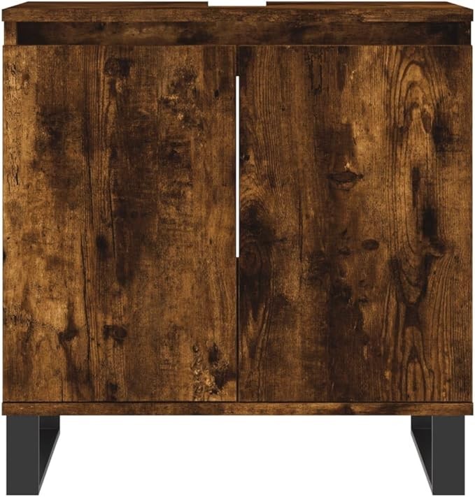 Rustic Oak Under Sink Bathroom Cabinet 58cm Modern Vanity Unit w/ Metal Legs