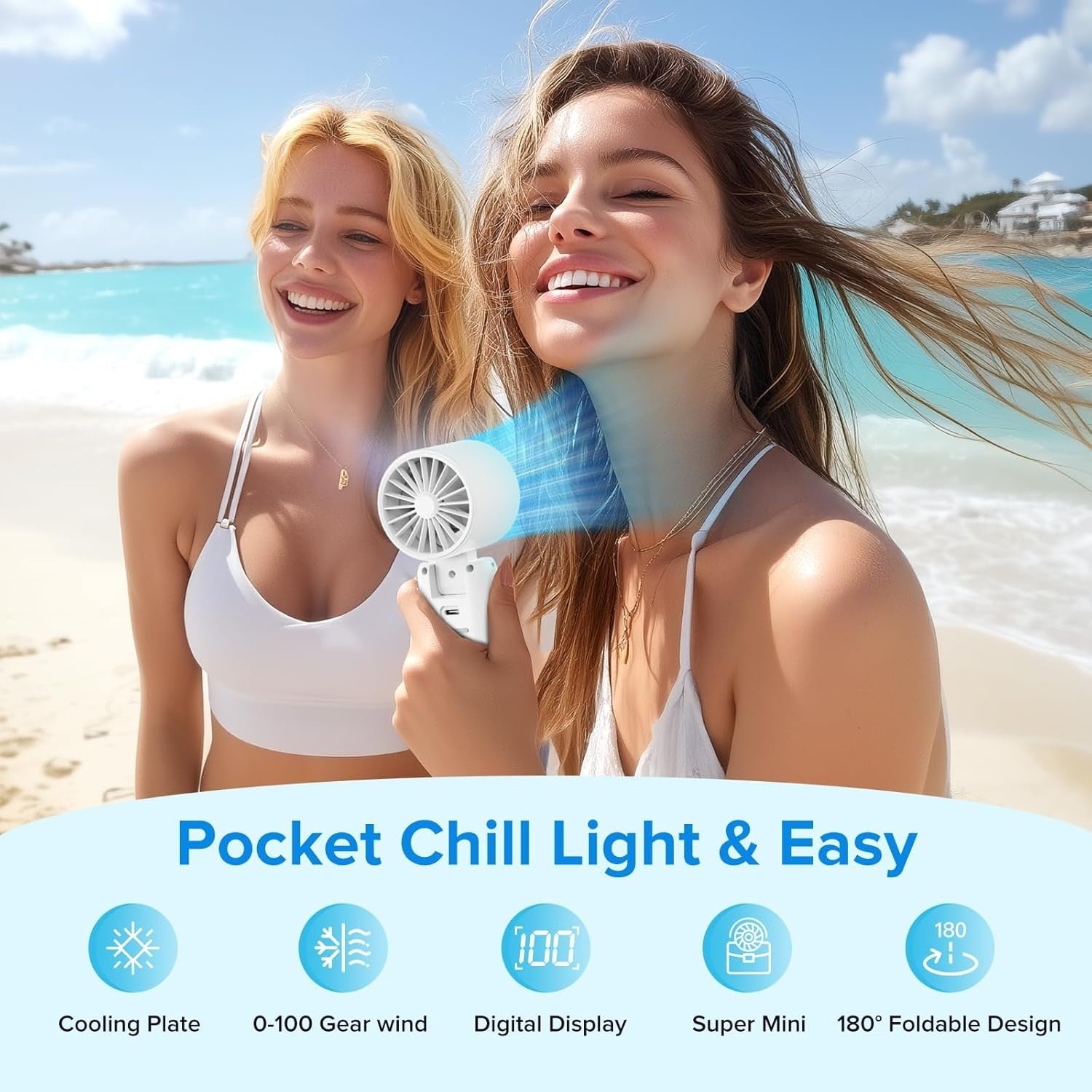 3-in-1 Turbo Fan – 12500RPM Foldable 180° 100 Speed 3600mAh Rechargeable White